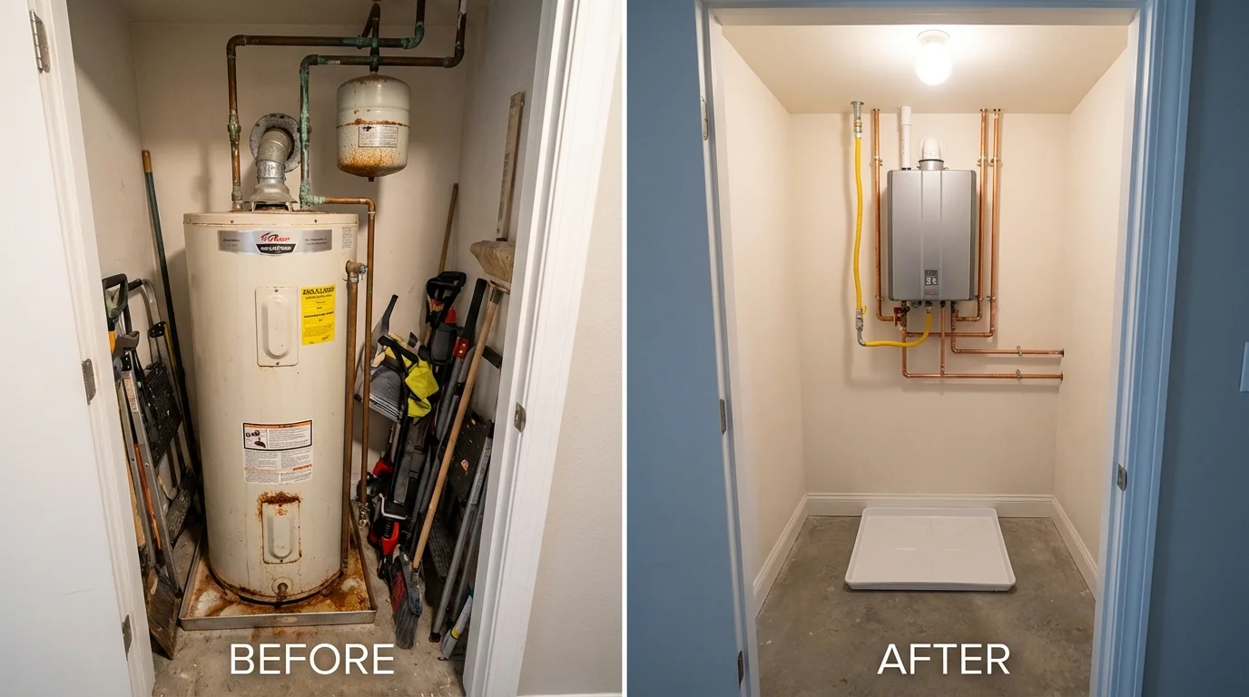 Tank water heater versus wall-mounted tankless unit comparison for Morrisville, NC homeowners