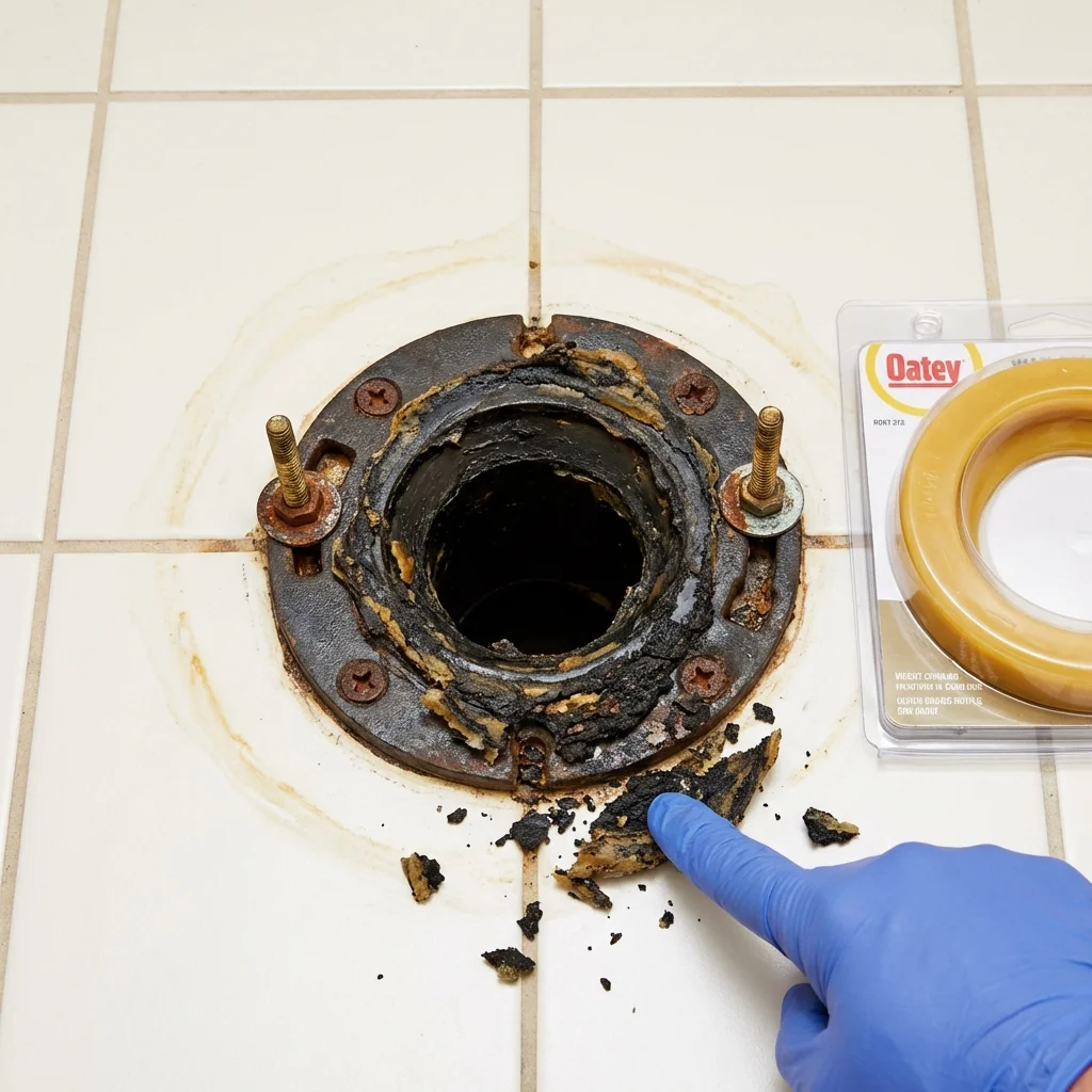 Failed wax ring showing water seepage at the base of a toilet in a Morrisville, NC home